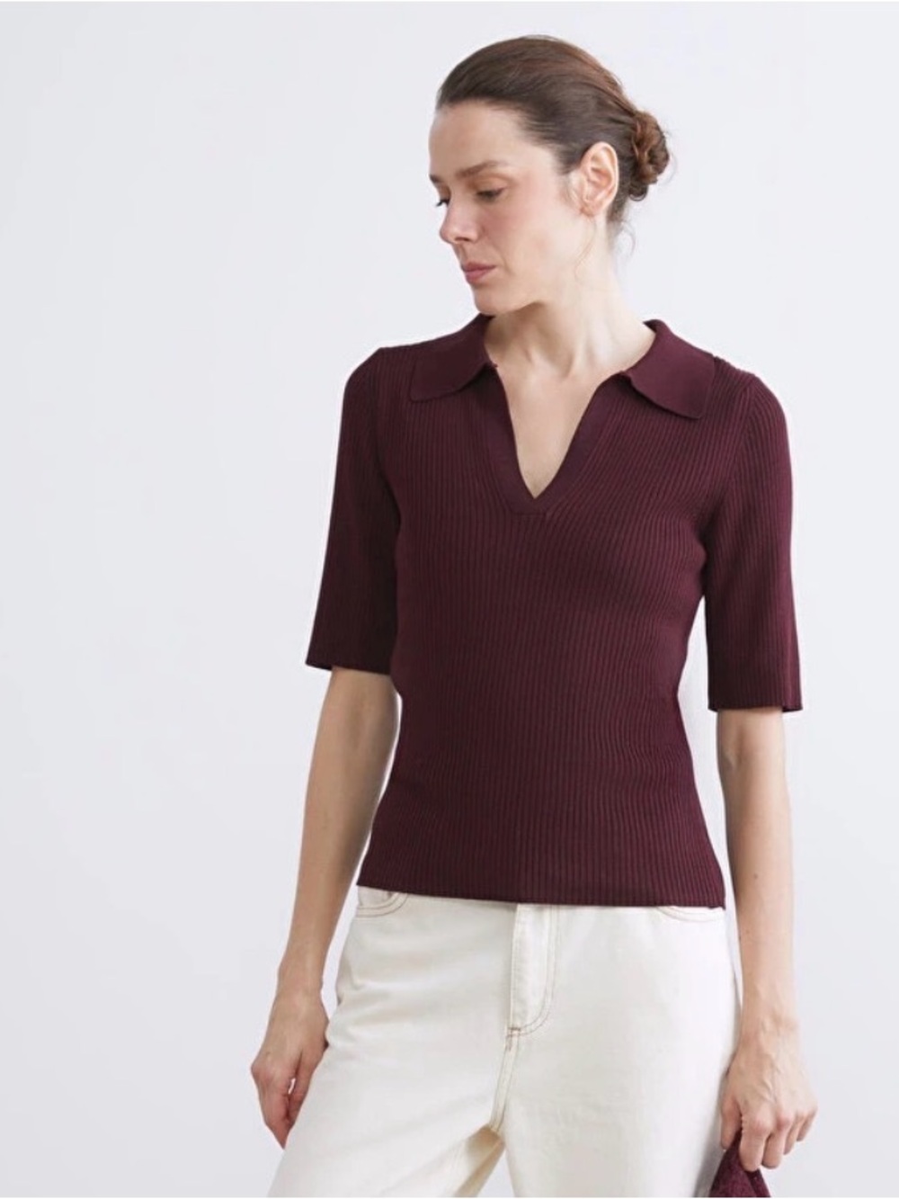 Elie Tahari Burgundy Ribbed Polo V-Neck Short Sleeve Top